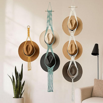Besoamo Bohemian Hat Hanger for Wall, Macrame Hat Rack for Wall Hanging Hat Display, Hand-woven Hat Organizer for Wide-Brim Hat, Decorative Boho Hat Storage Cowboy Hat Holder(3 Styles and 3 Colors)