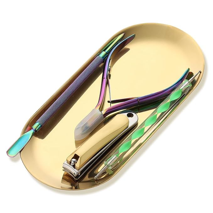 1Pcs Manicure Tools Storage Tray, Oval Stainless Steel Storage Dish Nail Art Accessory Display Tray Jewelry Rhinestone Cosmetic Nail Decorations Organizer Metal Storage Plate (Gold)