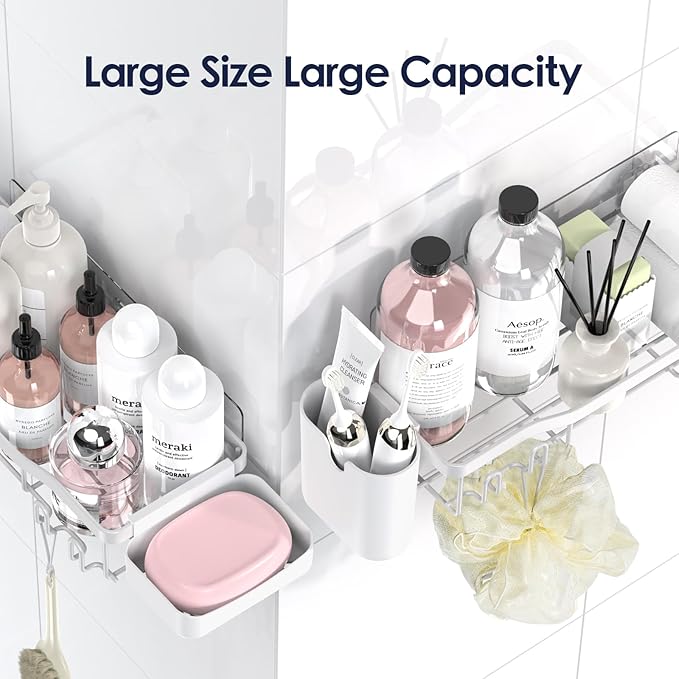 NESOMI Shower Caddy Adhesive Shower Organizer 8-Pack, Rustproof Stainless Steel Bathroom Shelves, Large Capacity No-Drill Rack Storage Accessories with Soap Dish Toothbrush Holder Hooks