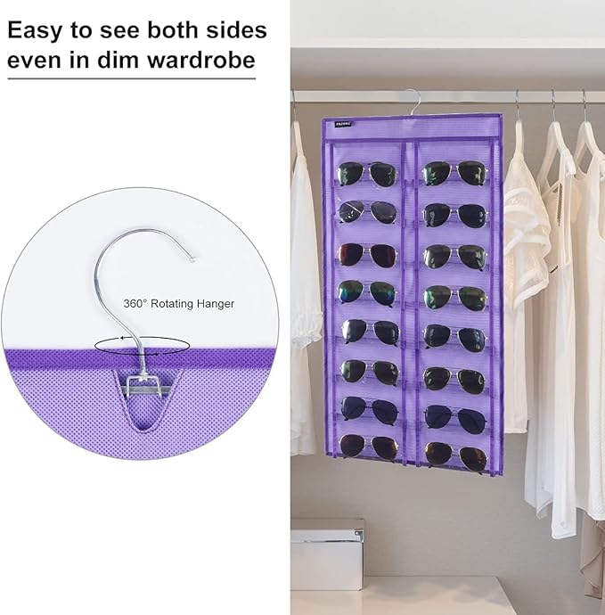 Dual Sided Hanging Sunglasses Organizer Wall Eyeglass Holder Sunglass Rack for Home with 32 Dust Proof Pockets (32 Pockets-Purple)