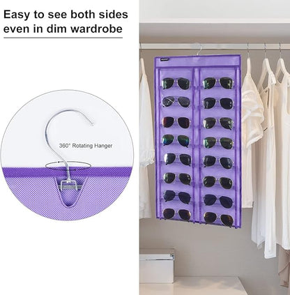 Dual Sided Hanging Sunglasses Organizer Wall Eyeglass Holder Sunglass Rack for Home with 32 Dust Proof Pockets (32 Pockets-Purple)