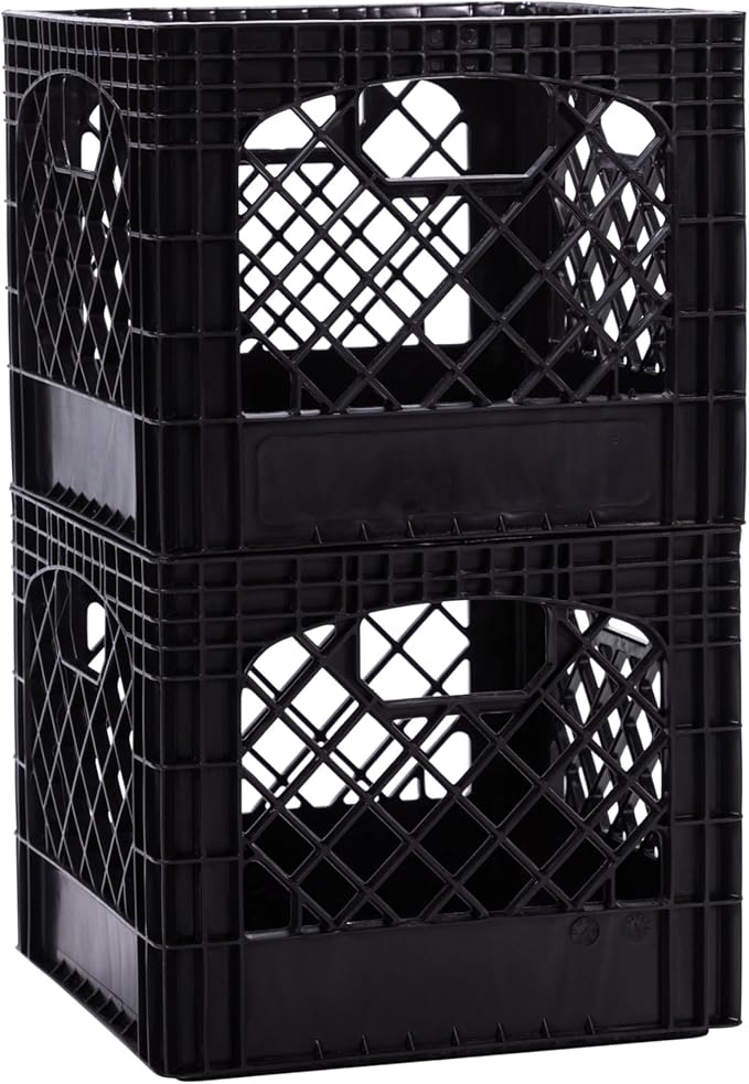 Plastic Milk Crate Storage Tote with Handles, 16-Quart Stackable Cube Organizer for Garage, Home, and Office, Made in the USA, 13" x 13" x 11" (2-Pack) - Black