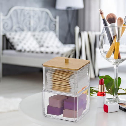 Hipiwe Clear Q-tip Dispenser Holder Acrylic Bathroom Containers 2-Tier Square Apothecary Jar with Lid Canister Cotton Swab and Ball Holder Vanity Storage Organizer for Cotton Round and Pads, Floss