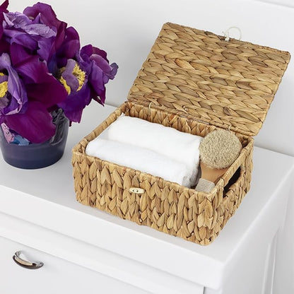 Set of 2 Wicker Baskets with Lid, Small Woven Wicker Storage Bins, Natural Water Hyacinth Basket Multipurpose Decorative Storage Boxes for Shelf Organizer (11.2" x 7.8" x 5.1" + 10" x 6.1" x 3.8")