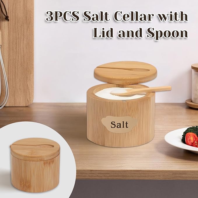 3Pcs Bamboo Salt Cellar, Salt Box Bowl with Magnetic Swivel Lid & Spoon, Round Salt Container Holder Spice Box with Label Stickers to Storage Pepper Spice Sea Herbs Sugar for Countertop,6 OZ