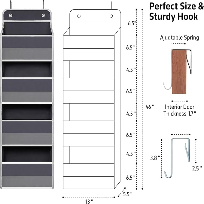TYMENSH Over The Door Hanging Organizer with 4 Large Pockets – Closet, Bathroom, Nursery, Bedroom, Dorm Storage for Toys, Cosmetics, and Baby Essentials, Gray