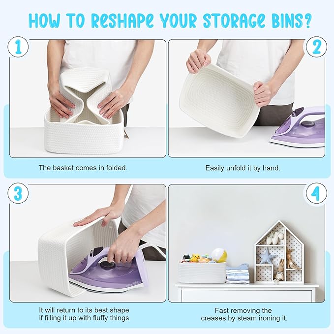 3-Pack Storage Baskets for Organizing | Woven Shelf Toy Basket | Rope Baskets for Gifts Empty | Closet Organizer Bins with Handles | Cube Decorative Box | 13.7×7.1×6.7” | White