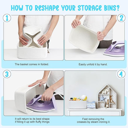 3-Pack Storage Baskets for Organizing | Woven Shelf Toy Basket | Rope Baskets for Gifts Empty | Closet Organizer Bins with Handles | Cube Decorative Box | 13.7×7.1×6.7” | White