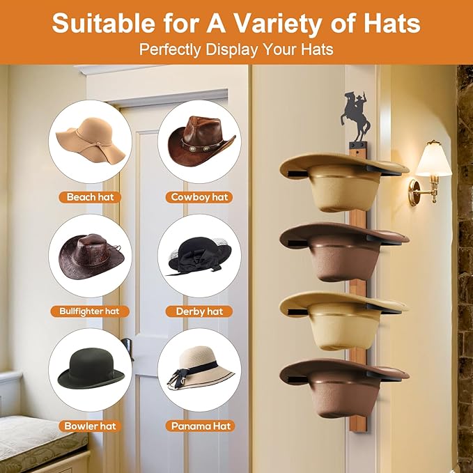 Cowboy Hat Rack, 4 Pieces Hat Rack for Cowboy with Wooden Board, Gift Cowboy Hat Holder Wall Storage-Organizer Western Hats with Style and Ease