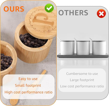 2 Layers Acacia Wood Salt & Pepper Bowl with Built-in Spoon and Magnetic Swivel Lid - Dustproof Salt Holder for Kitchen Serving (Wood)