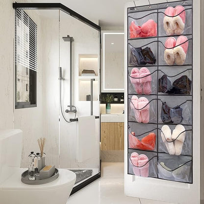 Extra Large Pockets Shoe Organizer Hanging Shoe Rack Organizer for Bedroom Shoe Storage Bathroom Shoe Holder with 12 Clear Pockets (12 Large Pockets-Grey)