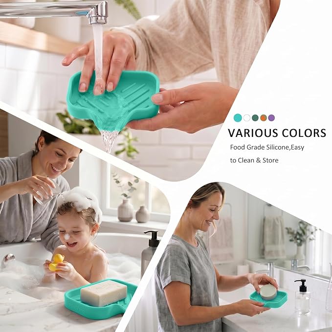 MicoYang Silicone Bathroom Soap Dishes with Drain Spout-Bathroom and Kitchen Sink Organizer,Sponge Holder,Dish Soap Tray,Perfect for Dispenser,Scrubber,Bottle,Cup on Sink or Counter-Mint 4.9"×3.2"