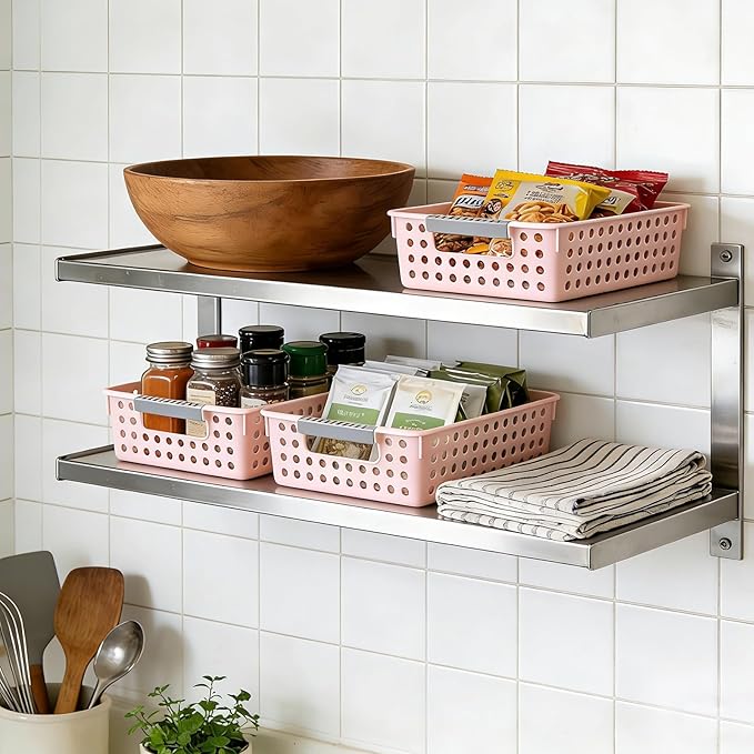 Soddeph 4 Pack Small Plastic Storage Baskets for Organizing, Stackable Bins with Handles for Shelves, Multipurpose Drawer Trays(Pink)