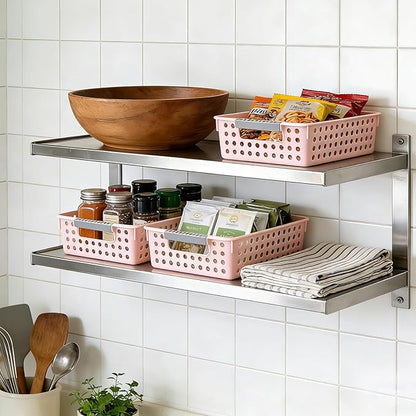 Soddeph 4 Pack Small Plastic Storage Baskets for Organizing, Stackable Bins with Handles for Shelves, Multipurpose Drawer Trays(Pink)