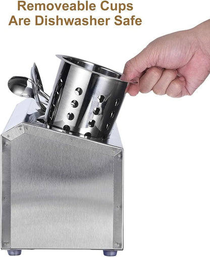 uxcell Kitchen Utensil Holder, Stainless Steel Cylinder Flatware Silverware Utensil Holder with 3 Compartments, Caddy Drying Rack Countertop Silverware Organizer for Buffets (3 Holes)
