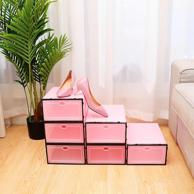 NUOBESTY 6pcs Thickened Stackable Shoes Storage Boxes Plastic Shoe Containers with Black Frame Pink Lid for Men’s Closet Organization