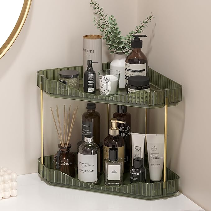 Lifewit 2-Tier Corner Bathroom Counter Organizer, Plastic Makeup Skincare Organizers Storage Countertop, Large Sink Cosmetic Perfume Shelf for Bedroom, Dresser, Kitchen, Vanity, Green, 25 cm/10inch(H)