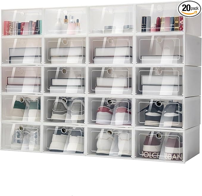 20 Pack Shoe Boxes Clear Plastic Stackable, Clear Shoe Boxes for Closet, Sneaker Boxes Plastic Stackable, Shoe Container with Lids for Closet Bedroom Small Space