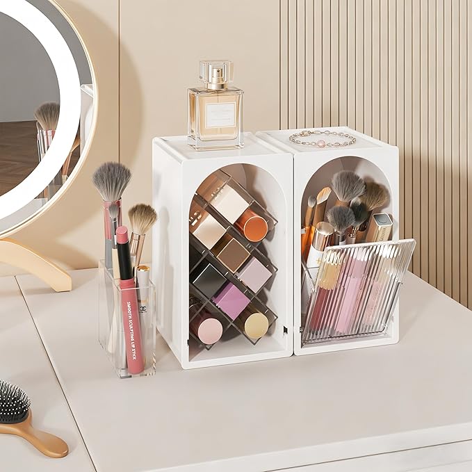 FOLLOWIN Compact Makeup Organizer for Vanity,Lipstick Holder with Grid & Makeup Brush Organizer with Flip Drawer,Cosmetic Organizer Set for Cosmetics,Brushes,Lipsticks,Milk White & Clear