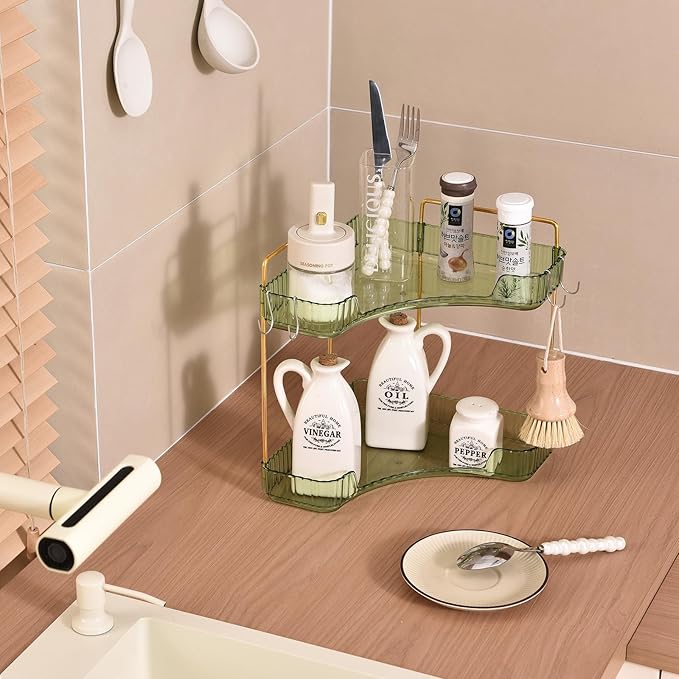 2-Tier Corner Bathroom Organizer Countertop with Hooks, Bathroom Sink Corner Vanity Storage for Makeup, Skincare and Perfume (Green Gold)