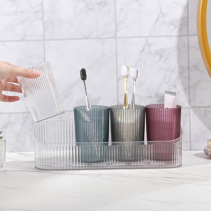DASITON Makeup Brush Holder Organizer with 4 Cup, Vintage Striped Make Up Brush Holder for Vanity, Bathroom Toothbrush Holders, Acrylic Cosmetic Brushes Storage Organizer Pen Holder (Clear+Multicolor)