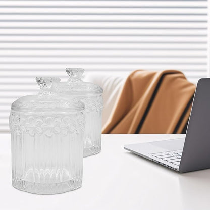 2 Pack Glass Qtip Holder Canisters with Lids , Crystal Clear Apothecary Jars for Cotton Balls, Swabs, Floss, Candy & Makeup Pads , Bathroom Vanity Organizers & Beauty Storage(Clear)