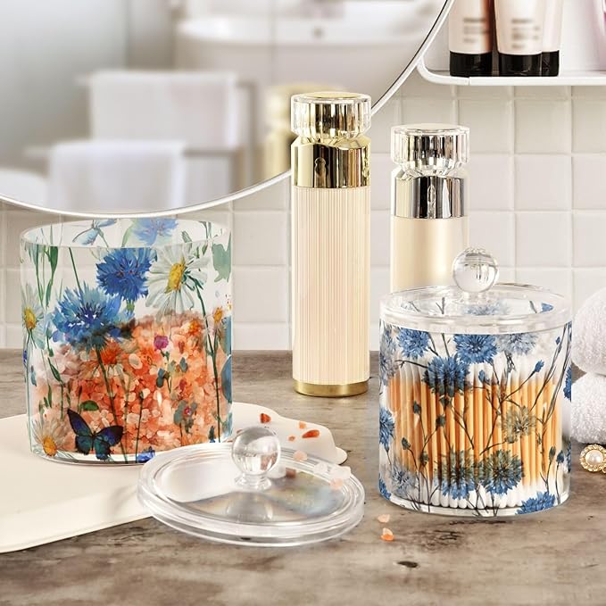 2 Pack Qtip Dispenser Apothecary Jars with Lids Cotton Round Holder Bathroom Canisters for Cotton Swab Floss Ball Pads Clear Plastic Decorative Watercolor Cornflower Daisy