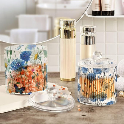 2 Pack Qtip Dispenser Apothecary Jars with Lids Cotton Round Holder Bathroom Canisters for Cotton Swab Floss Ball Pads Clear Plastic Decorative Watercolor Cornflower Daisy