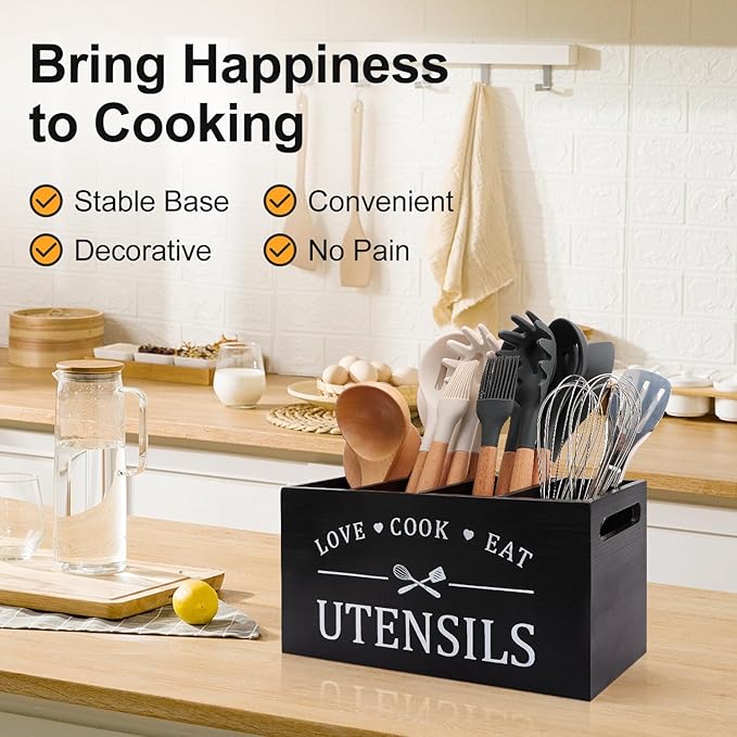 Black Farmhouse Utensil Holder for Kitchen Counter Extra Large Cooking Utensil Holder Caddy Utensils Storage Organizer for Countertop Rustic Wood Kitchen Tool Decor Utensil Crock Spatula Holder