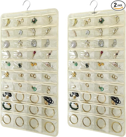 2 PACK(Total 160 Pockets) Hanging Jewelry Organizer with Hanger Metal Hooks Storage On Wall Door Closet Double-Sided(Each Side 40 Pockets) Jewelry Holder for Earrings, Necklaces, Rings (2 Pcs Beige)