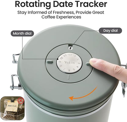 Veken Coffee Canister, 39OZ Large, Airtight Stainless Steel Food Storage Container for 2.2lbs Coffee Beans, Ground, Sugar, Tea, Flour, Cereal, Kitchen Bar Accessories with Date Tracker & Scoop, Green