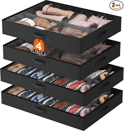 Lifewit Under Bed Shoe Storage Organizer 2 Pack(14 Shoes Cells+4 Boots Cells), 4.3 Inches Profile Fabric Shoes Container Box with Clear Cover, Foldable Storage Bag with 2 Handles, Fits 22 to 36 Pairs