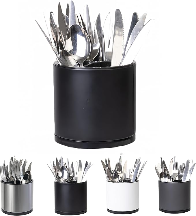 LIBODOUR Silverware Organizer Kitchen Utensil Holder 360°Rotating For Counter Organizer Stainless Steel Storage Silverware Caddy 3 Compartment Flatware Spoon Spatula Tool Cutlery Container(Black)