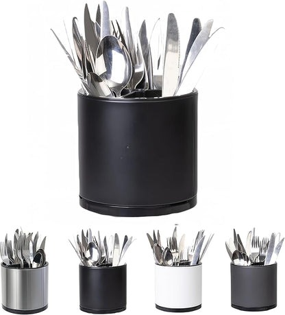 LIBODOUR Silverware Organizer Kitchen Utensil Holder 360°Rotating For Counter Organizer Stainless Steel Storage Silverware Caddy 3 Compartment Flatware Spoon Spatula Tool Cutlery Container(Black)