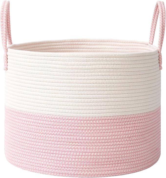 JMvicyroam 115L Extra Large Blanket Basket for Living Room - Woven Cotton Rope Laundry Hamper with Reinforced Handles - Storage Bin for Pillows, Comforters & Toys - Machine Washable,White&Pink
