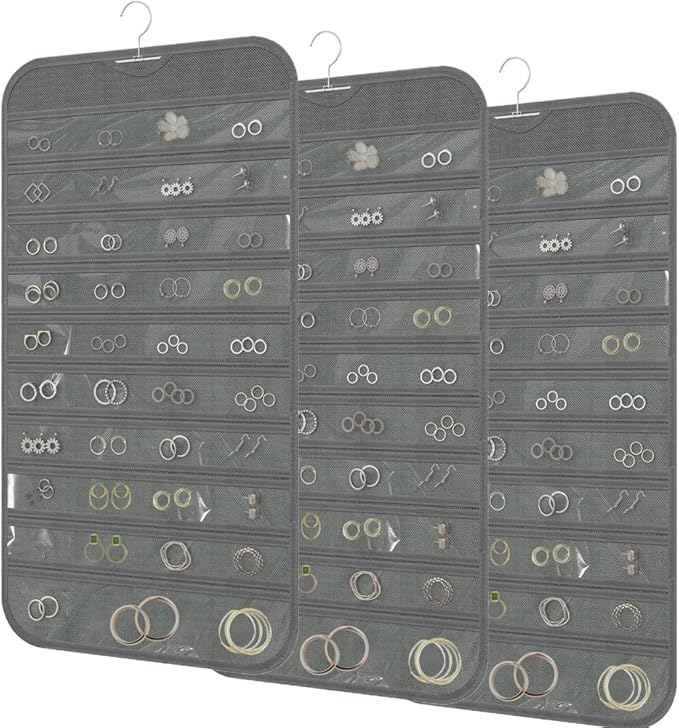3PCS Hanging Jewelry Organizer with 80 Pocket Double-Sided Jewelry Holder Storage Wall Door Closet Accessories Organizer for Earrings, Necklaces, Rings (Grey)