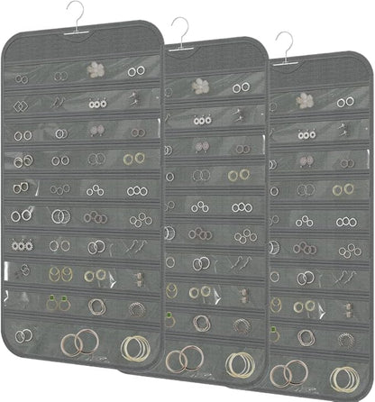 3PCS Hanging Jewelry Organizer with 80 Pocket Double-Sided Jewelry Holder Storage Wall Door Closet Accessories Organizer for Earrings, Necklaces, Rings (Grey)