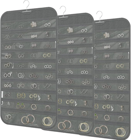 3PCS Hanging Jewelry Organizer with 80 Pocket Double-Sided Jewelry Holder Storage Wall Door Closet Accessories Organizer for Earrings, Necklaces, Rings (Grey)