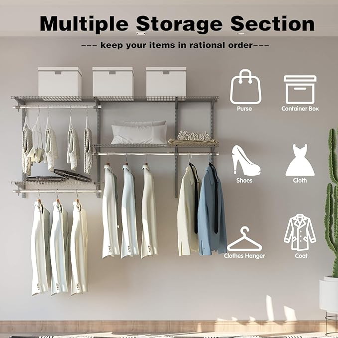 Tangkula 3 to 5 FT Custom Closet Organizer System Kit, Wall-Mounted Storage Organizer with Wire Shelving and Hanging Rods, Adjustable Closet Organizer Kit, Configurations Custom Closet for Bedroom