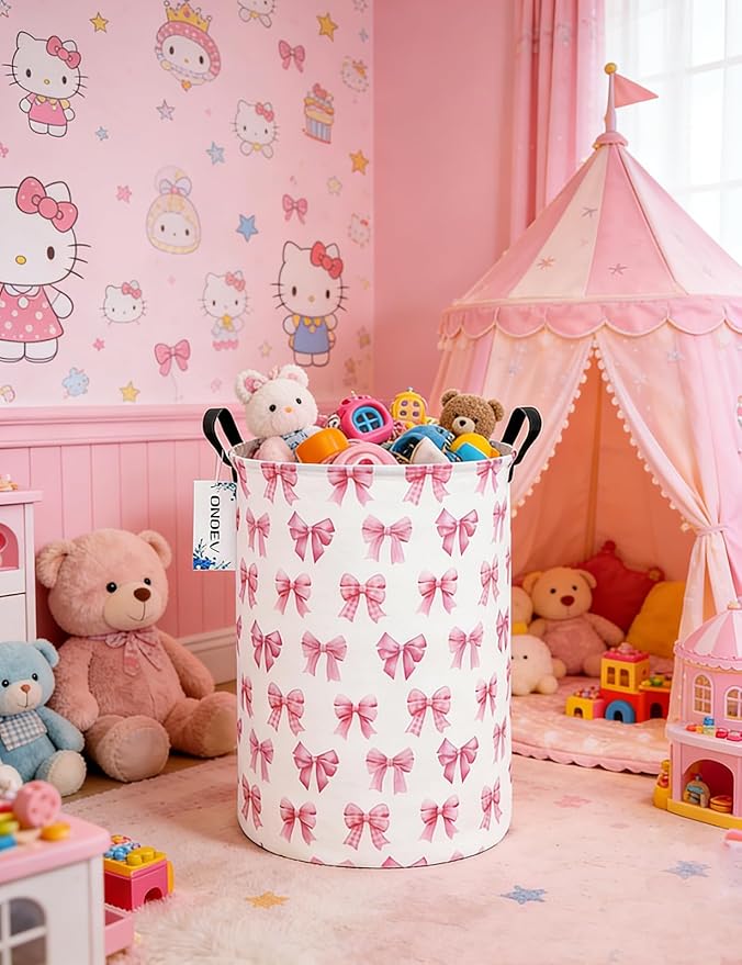 Kids Laundry Hamper,Pink Bow Themed Laundry Basket for Girls,Cute Coquette Aesthetic Collapsible Fabric Organizer with Handles for Bedroom Nursery Playroom