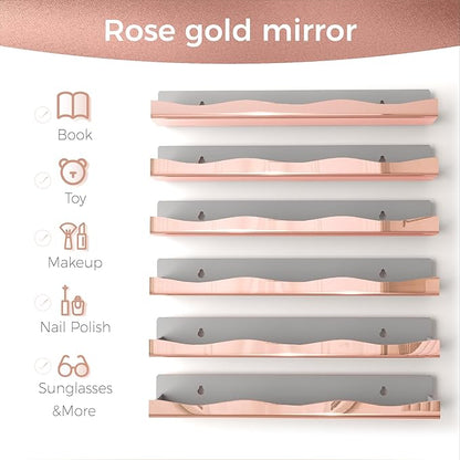 Wall-Mounted Nail Polish Organizer Rack - 15-Inch Rose Gold Mirror Finish Nail Polish Shelf, Makeup & Beauty Essentials Storage - Multi-Purpose Display Holder for Small Space, Vanity Bathroom, 6 Pack