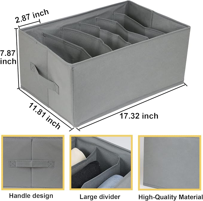 Fordonral Extra Large Clothes Closet Organizer 6 Compartments for Jean Sweater Sheets to Shirt - Divided Clothing Storage Boxes for Closet, Wordrobe, Bedroom, Shelf (4pc Gray)