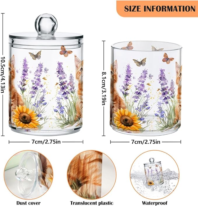 4 Pack Qtip Holder Dispenser Lavender Cat Sunflower Cotton Ball Swab Round Pads Floss Clear Bathroom Storage Containers Plastic Apothecary Jars with Lids