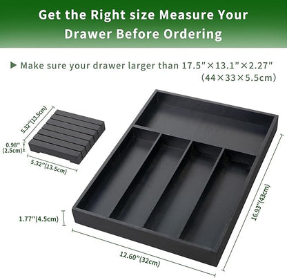 VaeFae Bamboo Silverware Organizer, Utensil Holder for Drawer, Wooden Cutlery Tray with Divider for Kitchen Drawer, Utensil Organizer with Knife Block（Black）