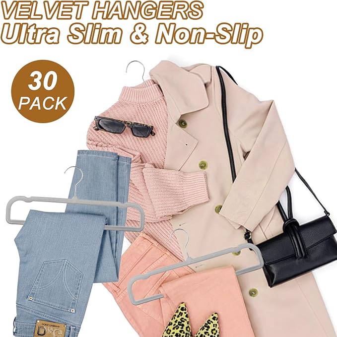Velvet Pants Hangers Non Slip, 30 Pack Velvet Hangers for Closet with Porous Hooks, Strong Durable Space Saving Slim Clothes Hanger, Ultra Soft Flocked Hanger for Pants/Shirts/Bra/Shorts (Grey)