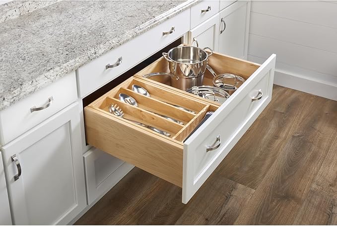 Rev-A-Shelf Trim-to-Fit Shallow Drawer Organizer For Kitchen Utensils, Cutlery Cabinet Storage Divider Insert, 23.98 x 21.97 In, Maple Wood, 4WUT-3SH
