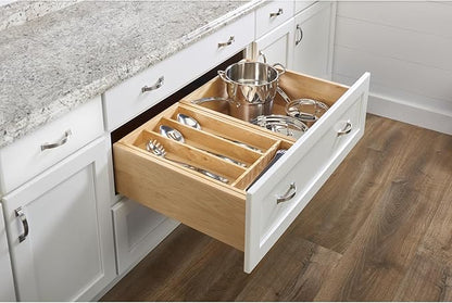 Rev-A-Shelf Trim-to-Fit Shallow Drawer Organizer For Kitchen Utensils, Cutlery Cabinet Storage Divider Insert, 23.98 x 21.97 In, Maple Wood, 4WUT-3SH