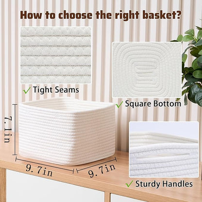 MiniArk Small Organizing Baskets for Cubes Shelf, 9.7x9.7x7.1 Inch Rope Woven Storage Bins for Nursery Shelves Storage, Cute Toy Basket, Square 3 Packs Off White