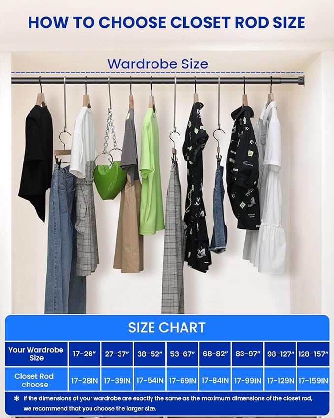 Supforce Closet Rods for Hanging Clothes, 17 to 28 Inches Stepless Adjustable Metal Closet Rod, 1.3 Inches Heavy Duty Clothes Hanging Rod for Closet Wardrobes Laundry RV, Black