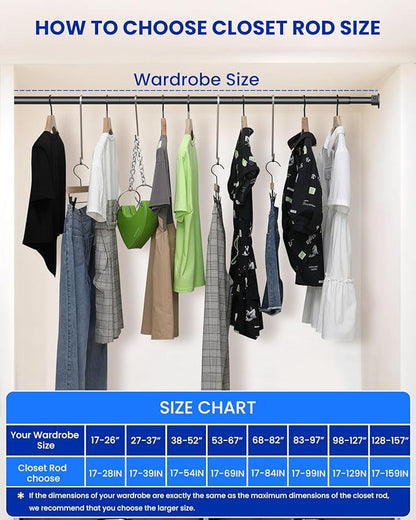 Supforce Closet Rods for Hanging Clothes, 17 to 28 Inches Stepless Adjustable Metal Closet Rod, 1.3 Inches Heavy Duty Clothes Hanging Rod for Closet Wardrobes Laundry RV, Black